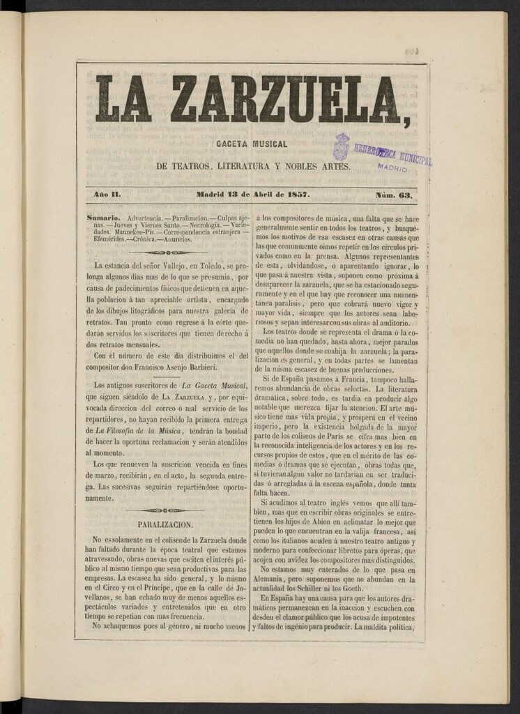 Miniatura de La Zarzuela : periódico de música, teatros, literatura dramática y nobles artes del 13 de abril de 1857, nº 63
