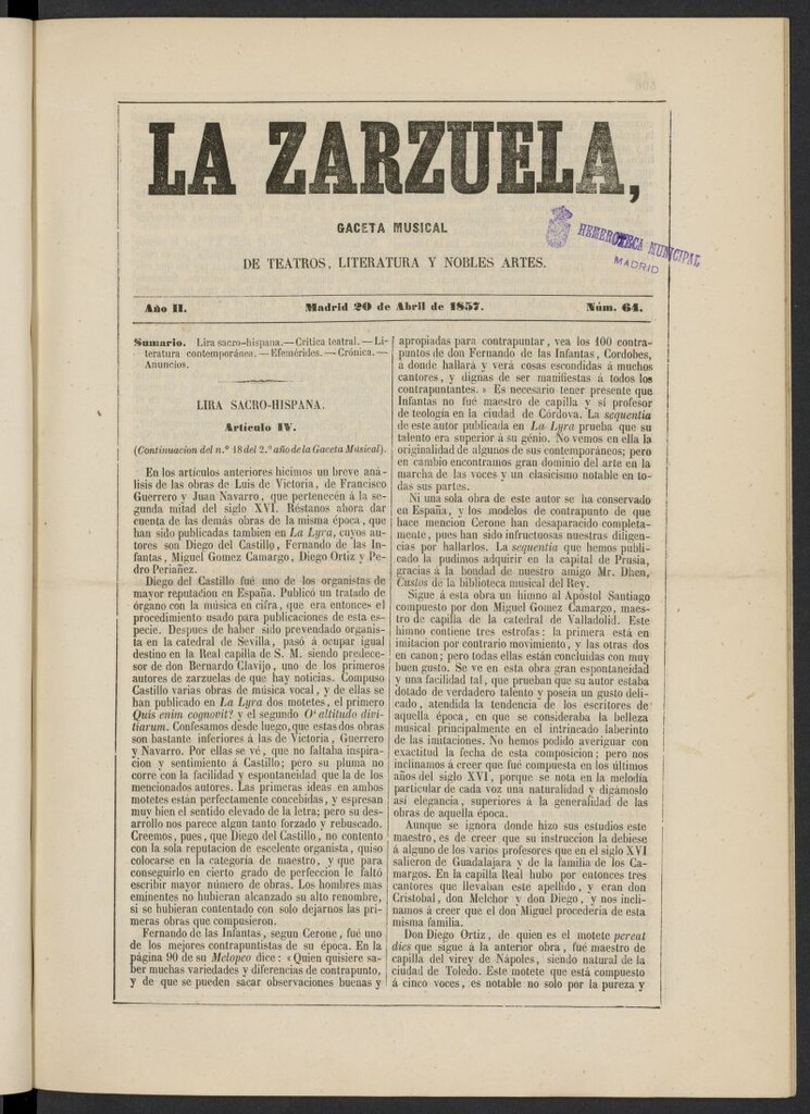 Miniatura de La Zarzuela : periódico de música, teatros, literatura dramática y nobles artes del 20 de abril de 1857, nº 64