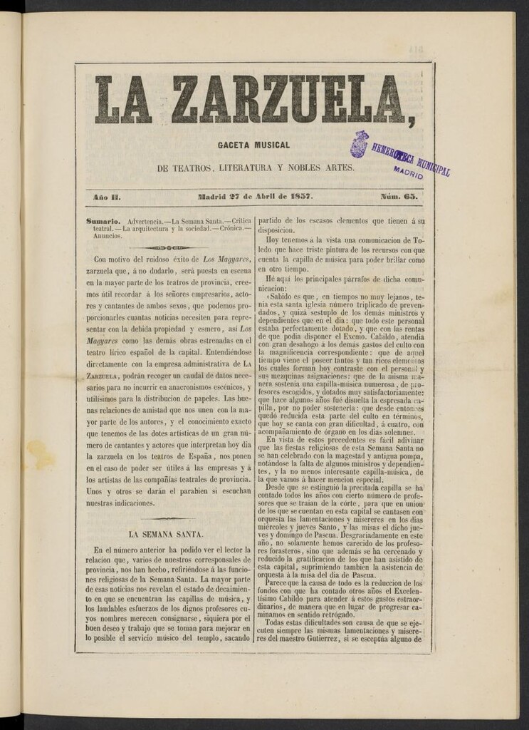 Miniatura de La Zarzuela : periódico de música, teatros, literatura dramática y nobles artes del 27 de abril de 1857, nº 65