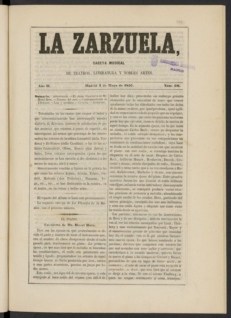 Miniatura de La Zarzuela : periódico de música, teatros, literatura dramática y nobles artes del 4 de mayo de 1857, nº 66