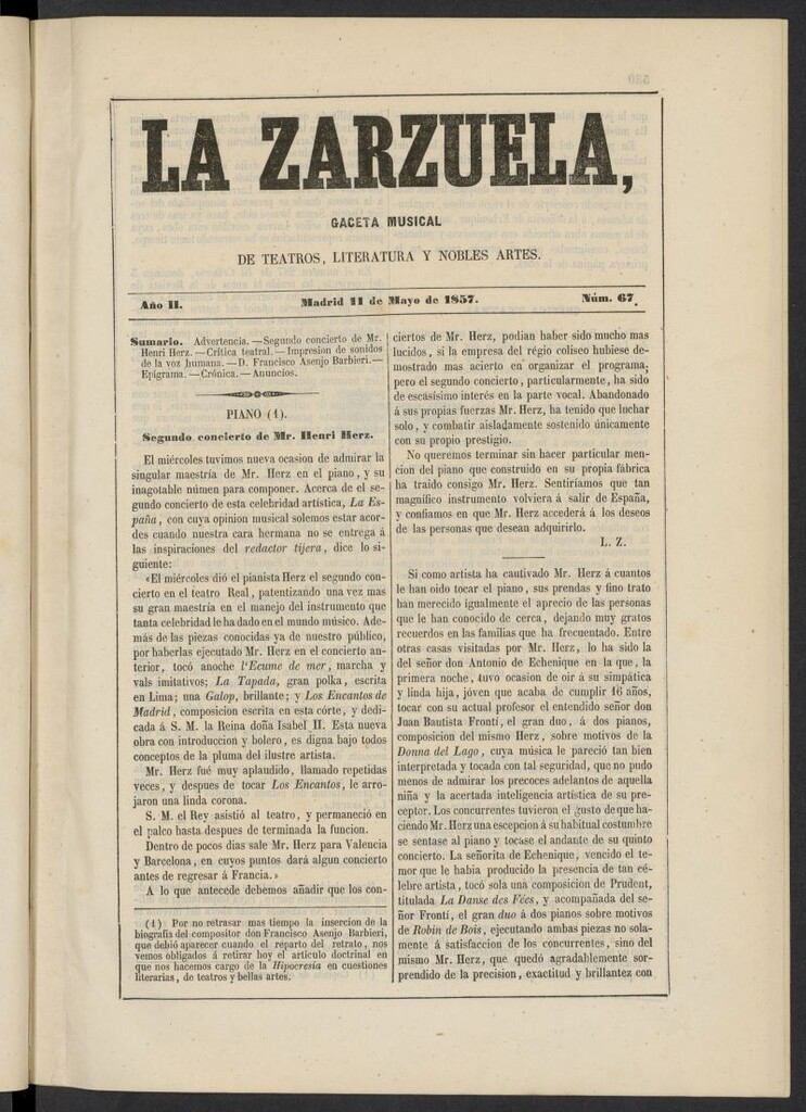 Miniatura de La Zarzuela : periódico de música, teatros, literatura dramática y nobles artes del 11 de mayo de 1857, nº 67