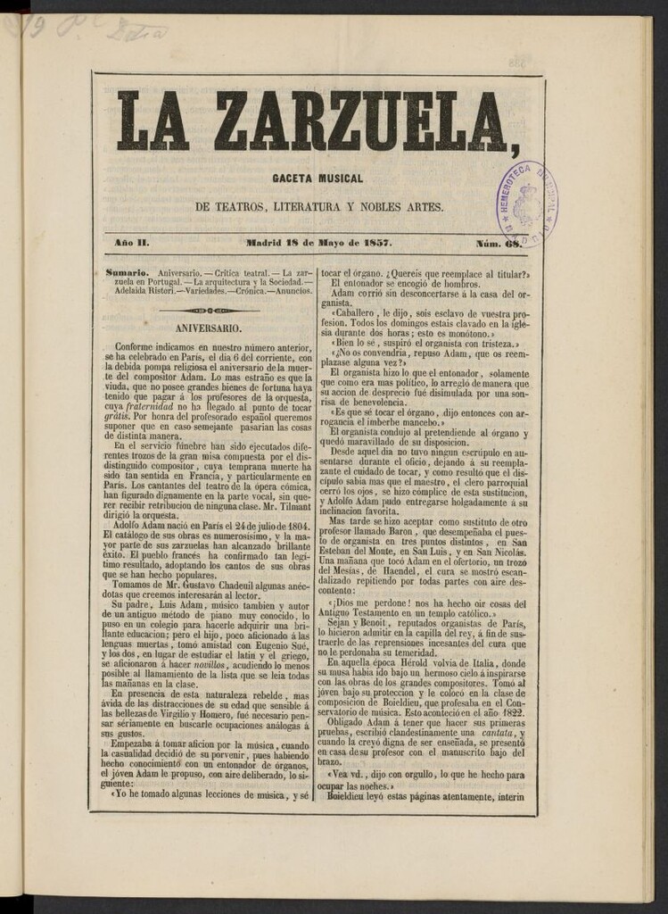 Miniatura de La Zarzuela : periódico de música, teatros, literatura dramática y nobles artes del 18 de mayo de 1857, nº 68