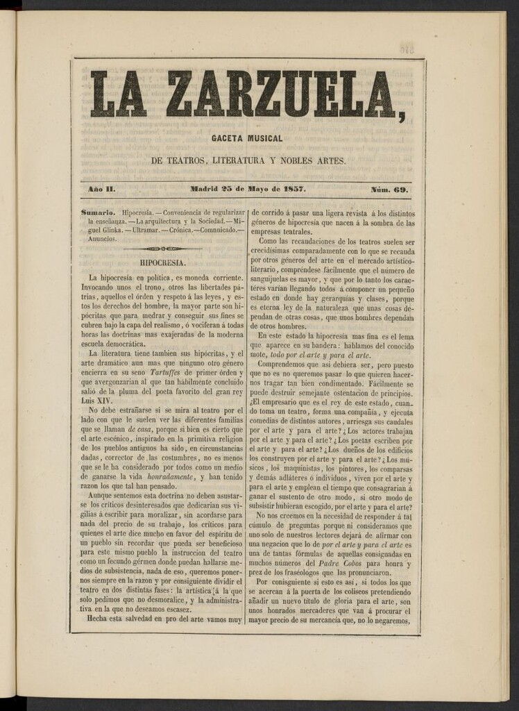 Miniatura de La Zarzuela : periódico de música, teatros, literatura dramática y nobles artes del 25 de mayo de 1857, nº 69