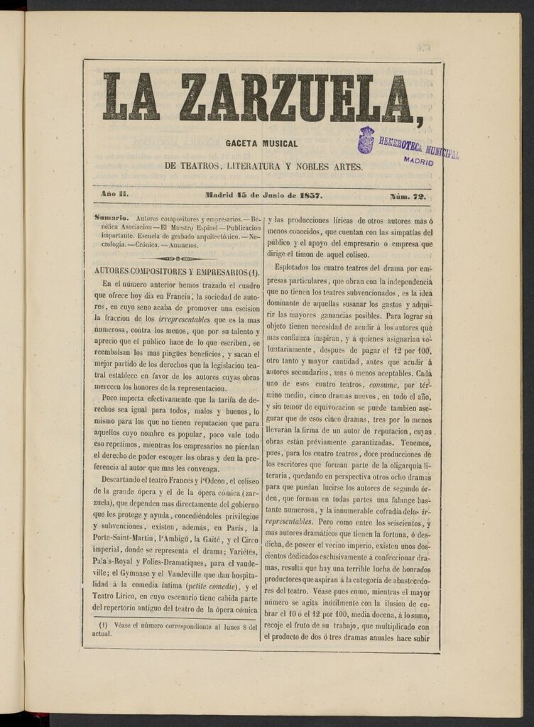 Miniatura de La Zarzuela : periódico de música, teatros, literatura dramática y nobles artes del 15 de junio de 1857, nº 72