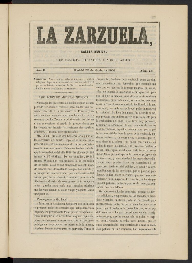 Miniatura de La Zarzuela : periódico de música, teatros, literatura dramática y nobles artes del 22 de junio de 1857, nº 73