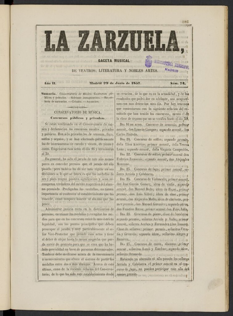 Miniatura de La Zarzuela : periódico de música, teatros, literatura dramática y nobles artes del 29 de junio de 1857, nº 74