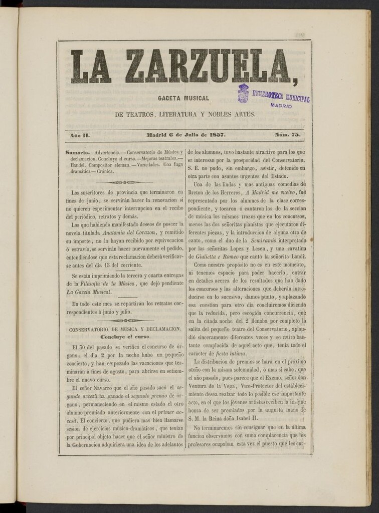 Miniatura de La Zarzuela : periódico de música, teatros, literatura dramática y nobles artes del 6 de julio de 1857, nº 75