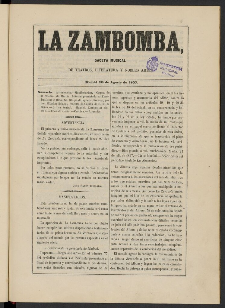 Miniatura de La Zarzuela : periódico de música, teatros, literatura dramática y nobles artes del 10 de agosto de 1857, s.n.