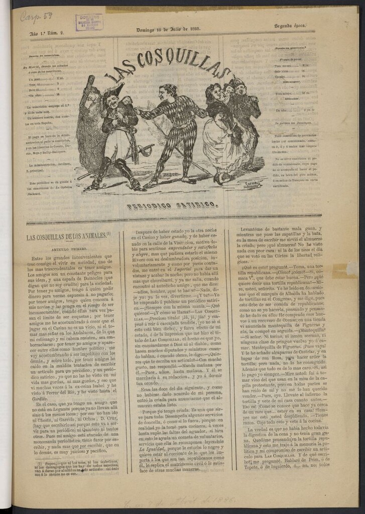 Miniatura de Las Cosquillas: periódico satírico del 18 de julio de 1869