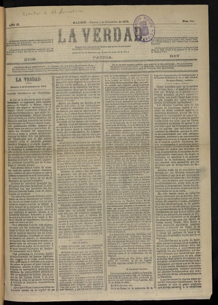Miniatura de La verdad: Dios, patria, rey del 4 de septiembre de 1873
