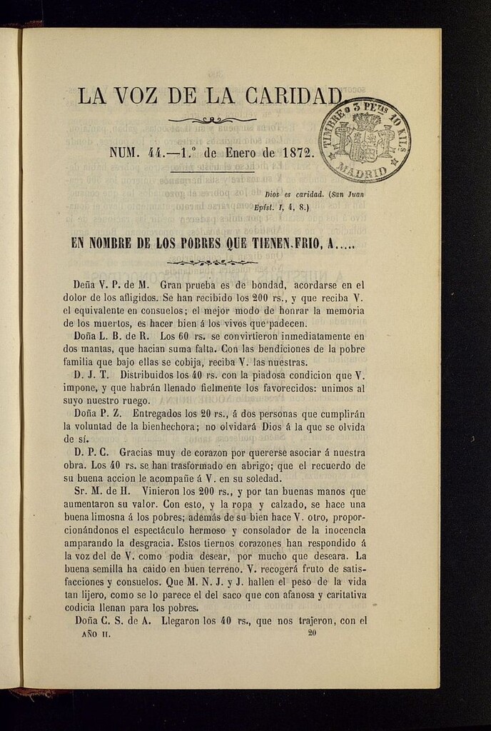Miniatura de La Voz de la Caridad del 1 de enero de 1872