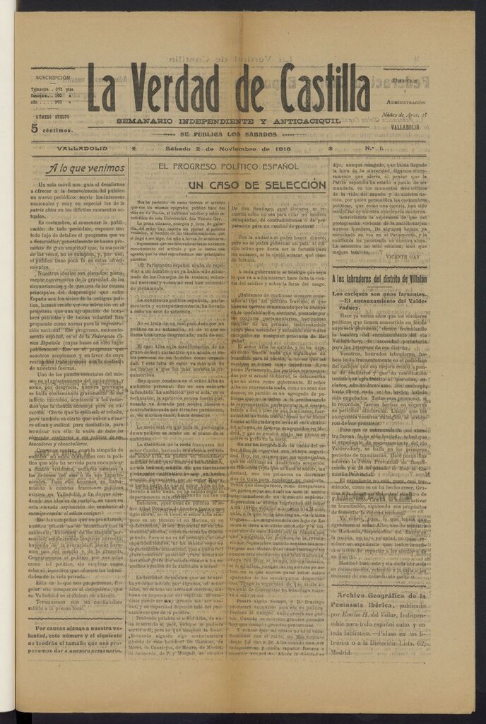 Miniatura de La verdad de Castilla: semanario independiente y anticaciquil del 2 de noviembre de 1918