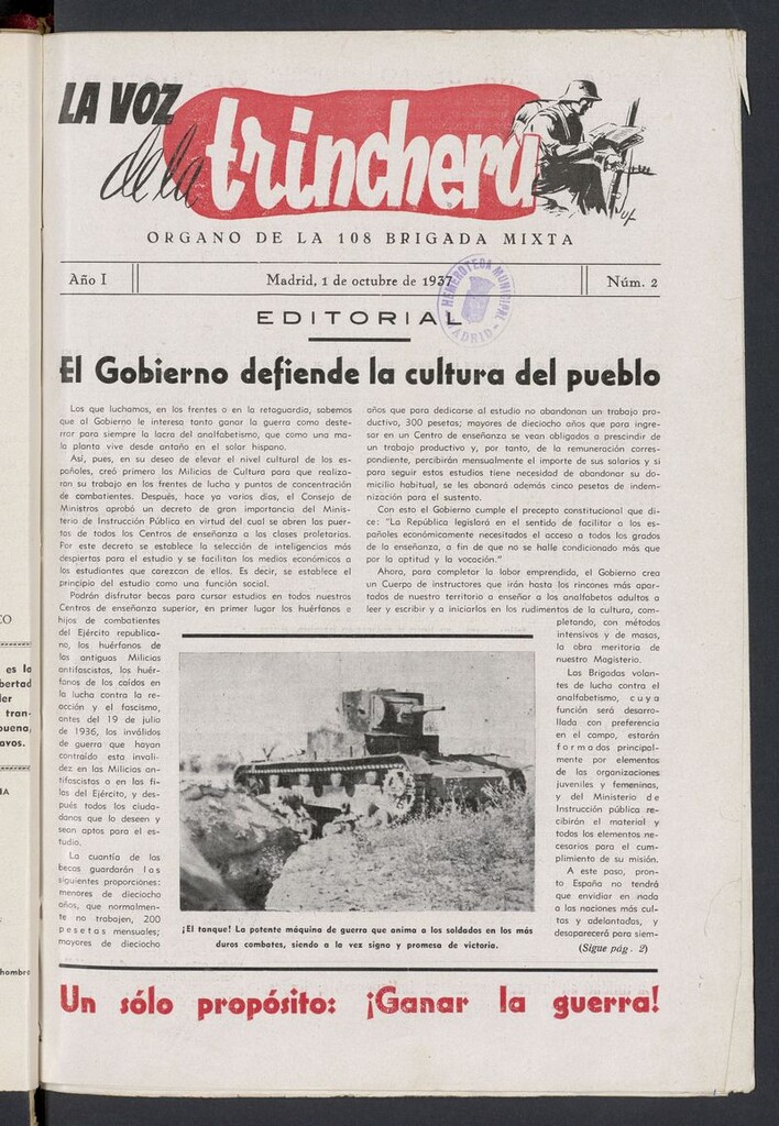 Miniatura de La voz de la trinchera: órgano de la 108 brigada mixta del 1 de octubre de 1937
