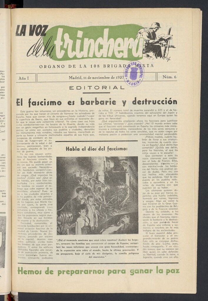 Miniatura de La voz de la trinchera: órgano de la 108 brigada mixta del 11 de noviembre de 1937