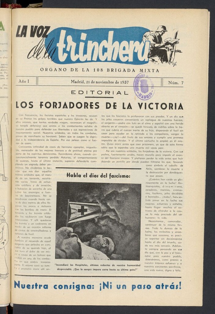 Miniatura de La voz de la trinchera: órgano de la 108 brigada mixta del 21 de noviembre de 1937