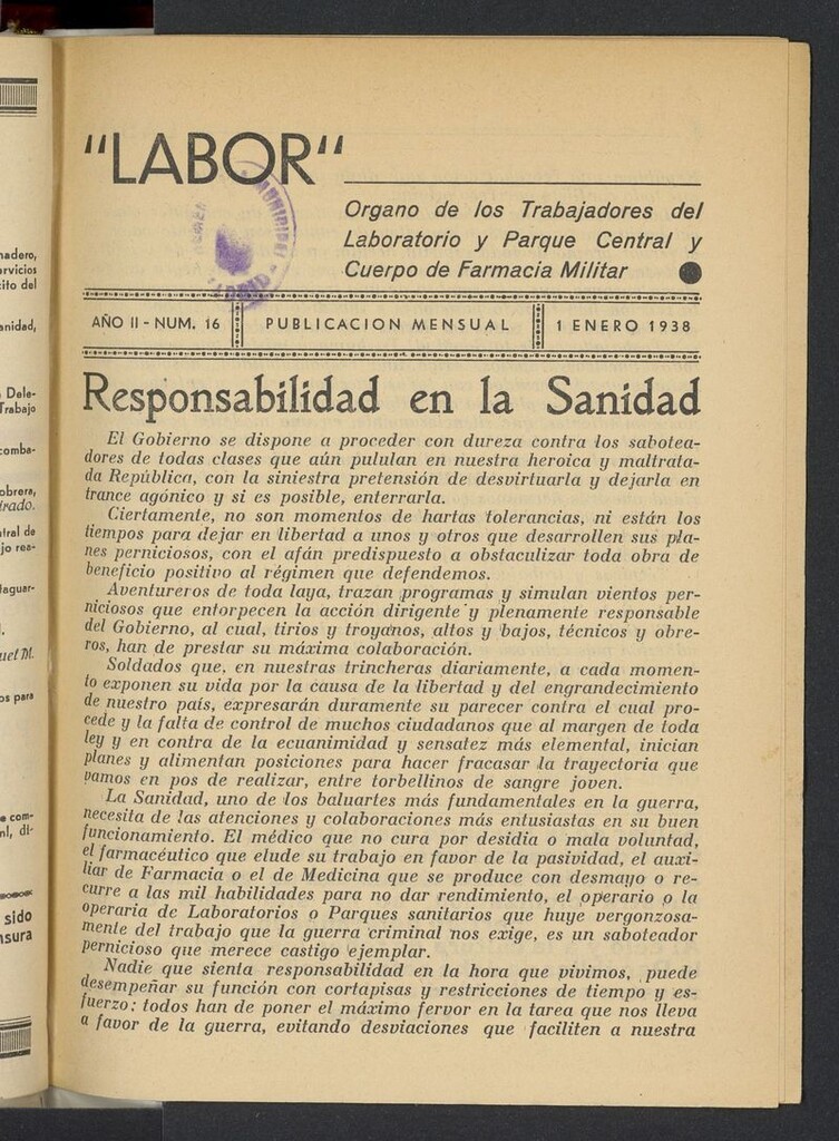 Miniatura de Labor (Madrid, 1937) del 1 de enero de 1938