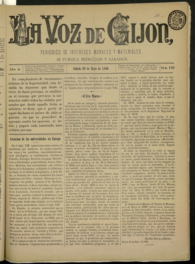 Miniatura de La Voz de Gijón del 29 de mayo de 1886
