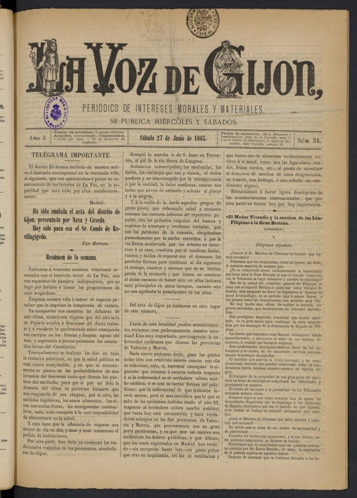 Miniatura de La voz de Gijón del 27 de julio de 1885
