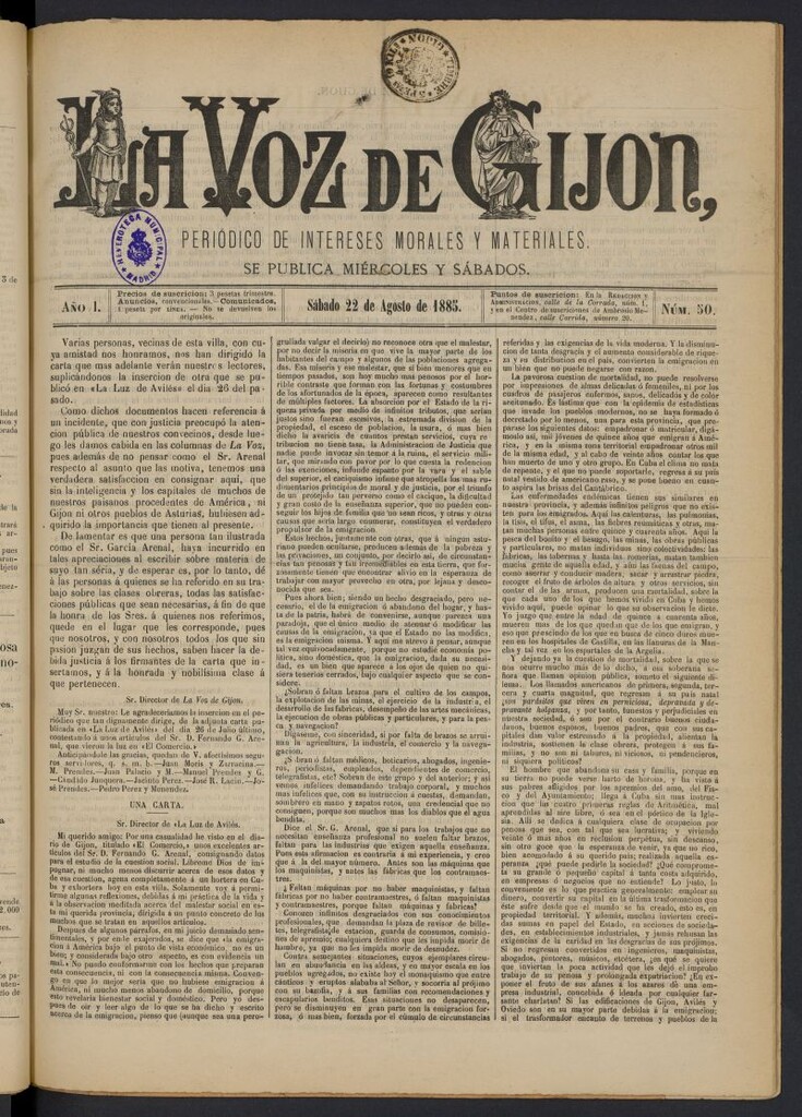 Miniatura de La voz de Gijón del 22 de agosto de 1885