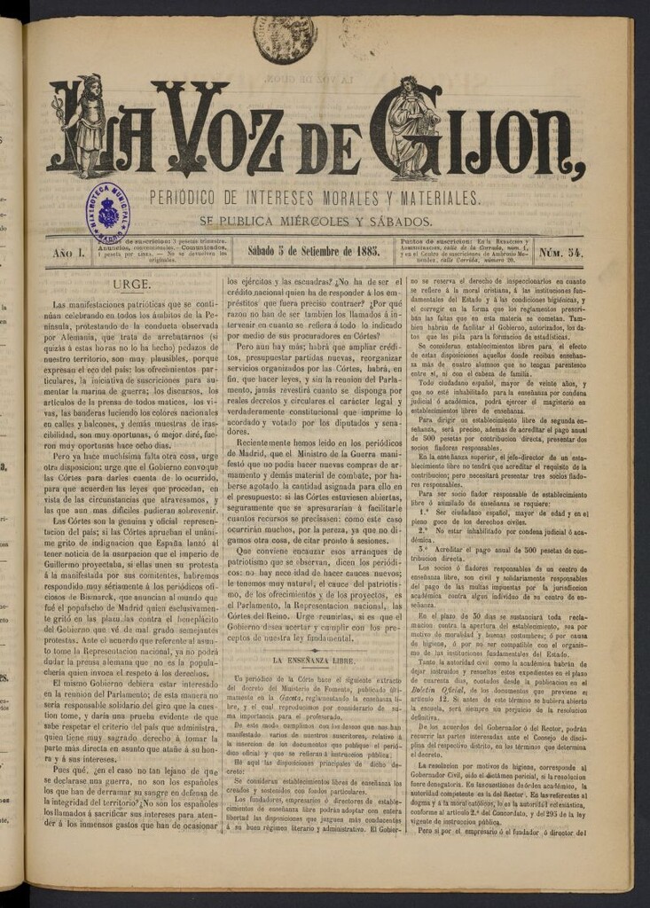 Miniatura de La voz de Gijón del 5 de septiembre de 1885