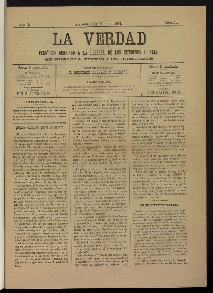 Miniatura de La Verdad (Almadén, 1891) del 11 de enero de 1891