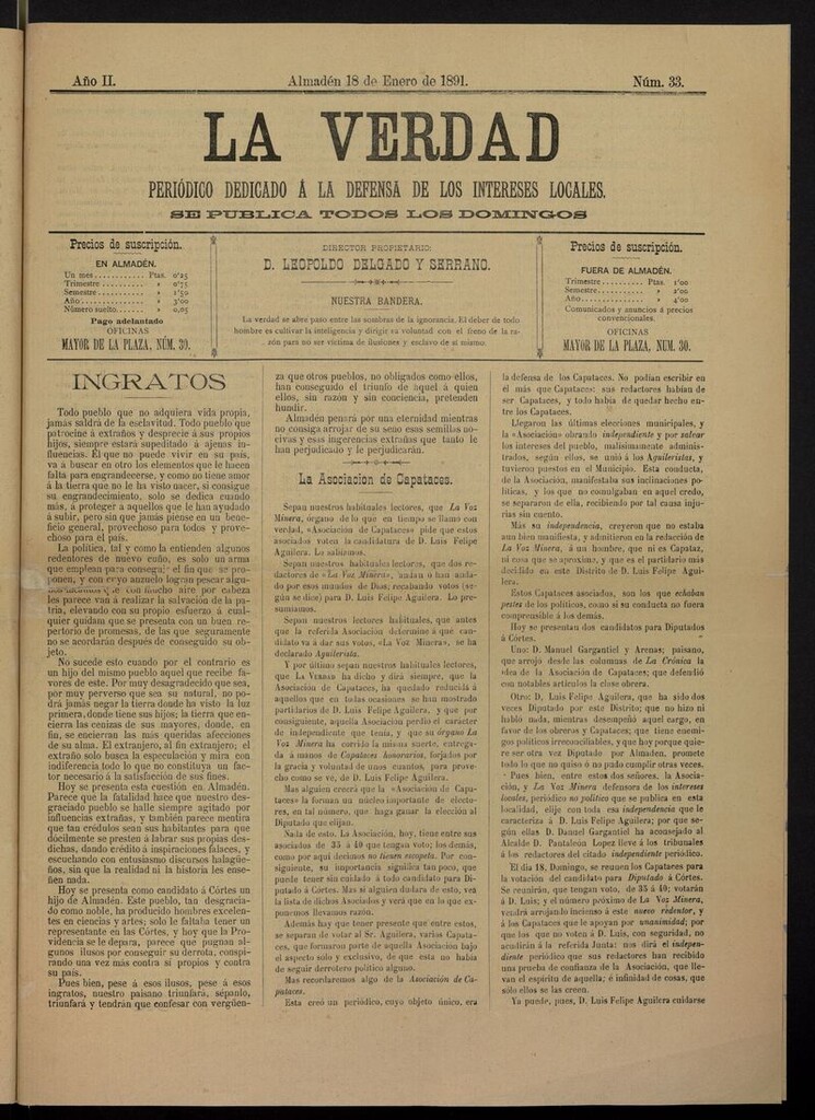 Miniatura de La Verdad (Almadén, 1891) del 18 de enero de 1891