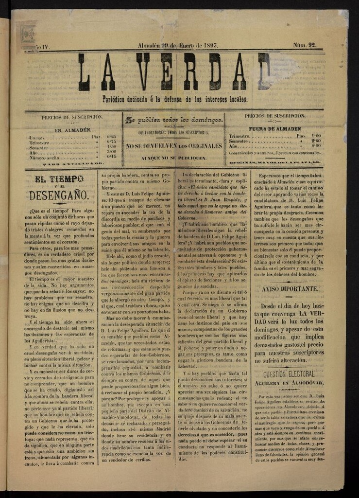 Miniatura de La Verdad (Almadén, 1891) del 29 de enero de 1893