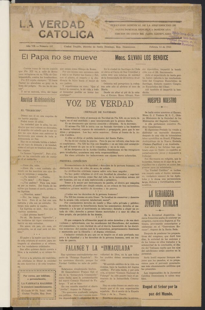 Miniatura de La Verdad Católica : semanario dominical de la Archidiócesis de Santo Domingo del 14 de febrero de 1943
