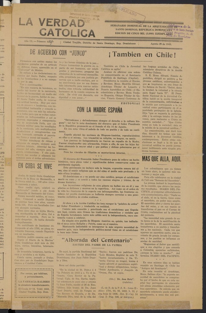 Miniatura de La Verdad Católica : semanario dominical de la Archidiócesis de Santo Domingo del 29 de agosto de 1943