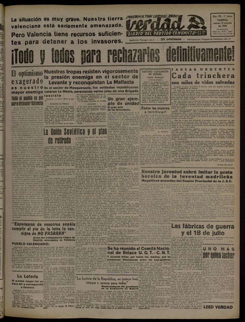 Miniatura de La Verdad: órgano del Partido Comunista del 12 de julio de 1938