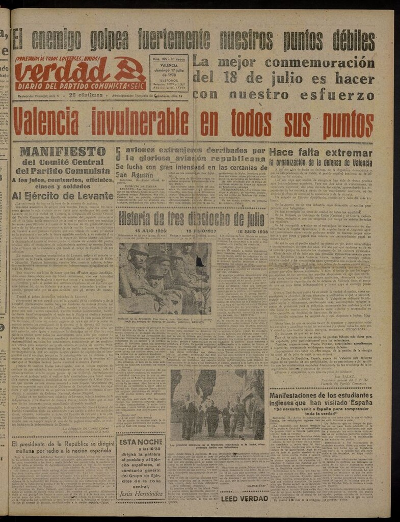 Miniatura de La Verdad: órgano del Partido Comunista del 17 de julio de 1938