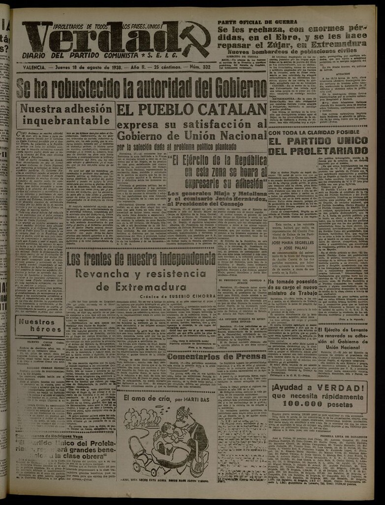 Miniatura de La Verdad: órgano del Partido Comunista del 18 de agosto de 1938