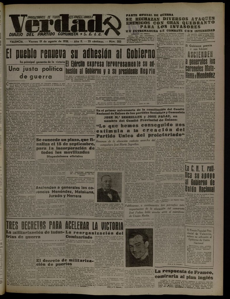 Miniatura de La Verdad: órgano del Partido Comunista del 19 de agosto de 1938