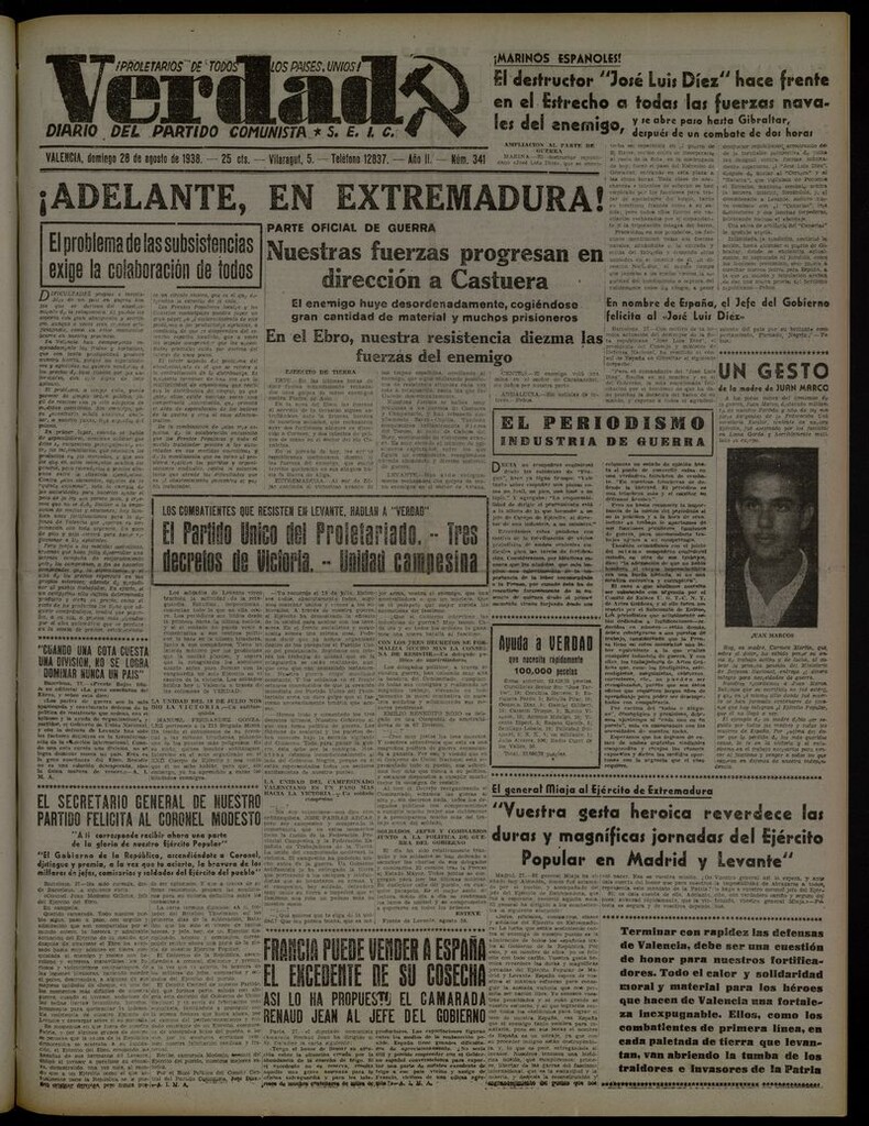 Miniatura de La Verdad: órgano del Partido Comunista del 28 de agosto de 1938
