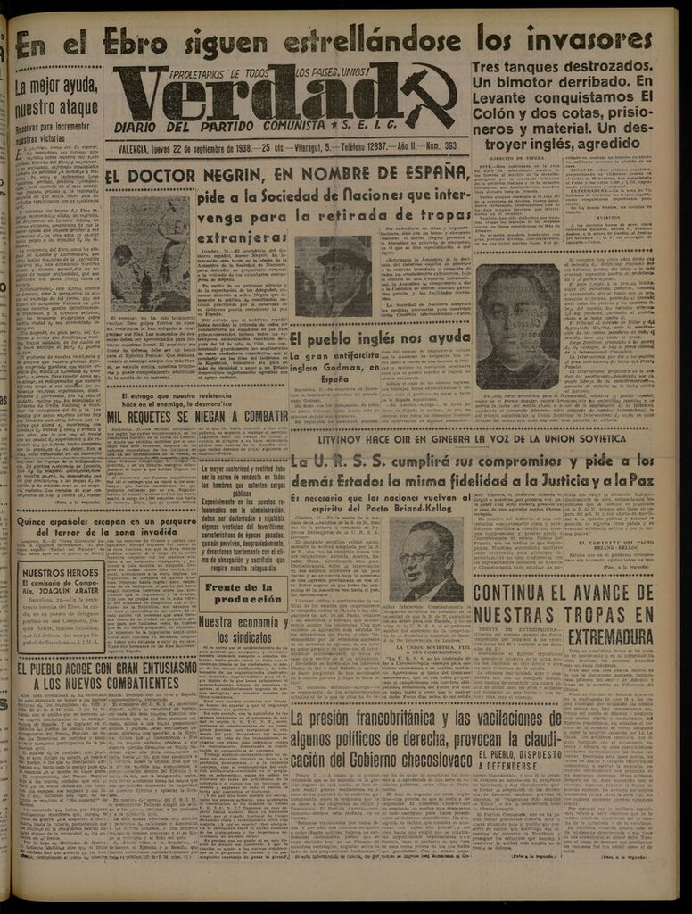 Miniatura de La Verdad: órgano del Partido Comunista del 22 de septiembre de 1938