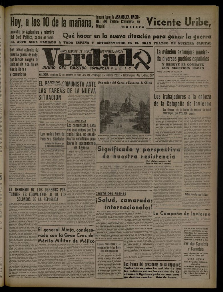 Miniatura de La Verdad: órgano del Partido Comunista del 23 de octubre de 1938
