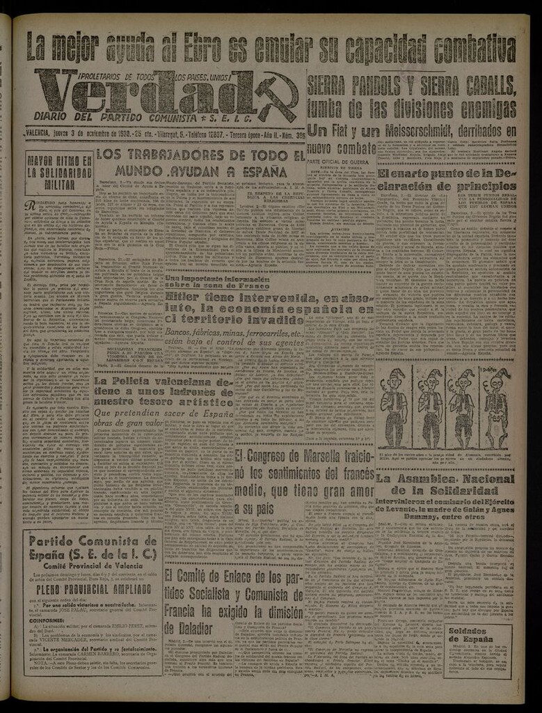 Miniatura de La Verdad: órgano del Partido Comunista del 3 de noviembre de 1938