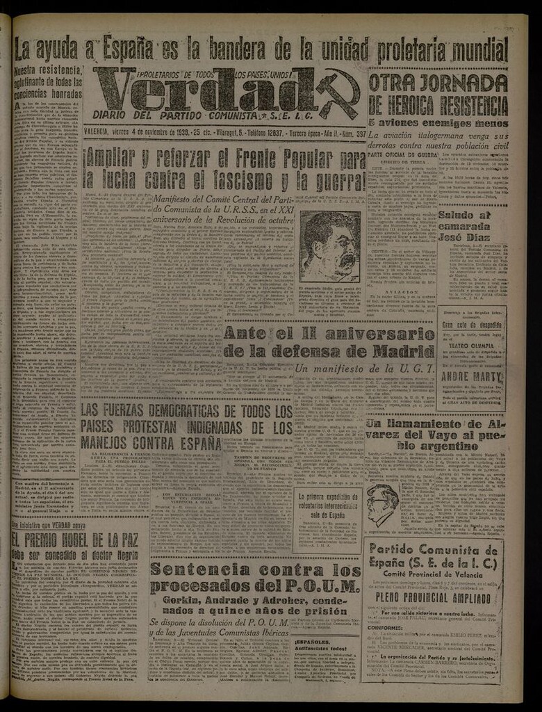 Miniatura de La Verdad: órgano del Partido Comunista del 4 de noviembre de 1938