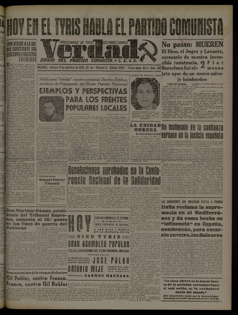 Miniatura de La Verdad: órgano del Partido Comunista del 13 de noviembre de 1938