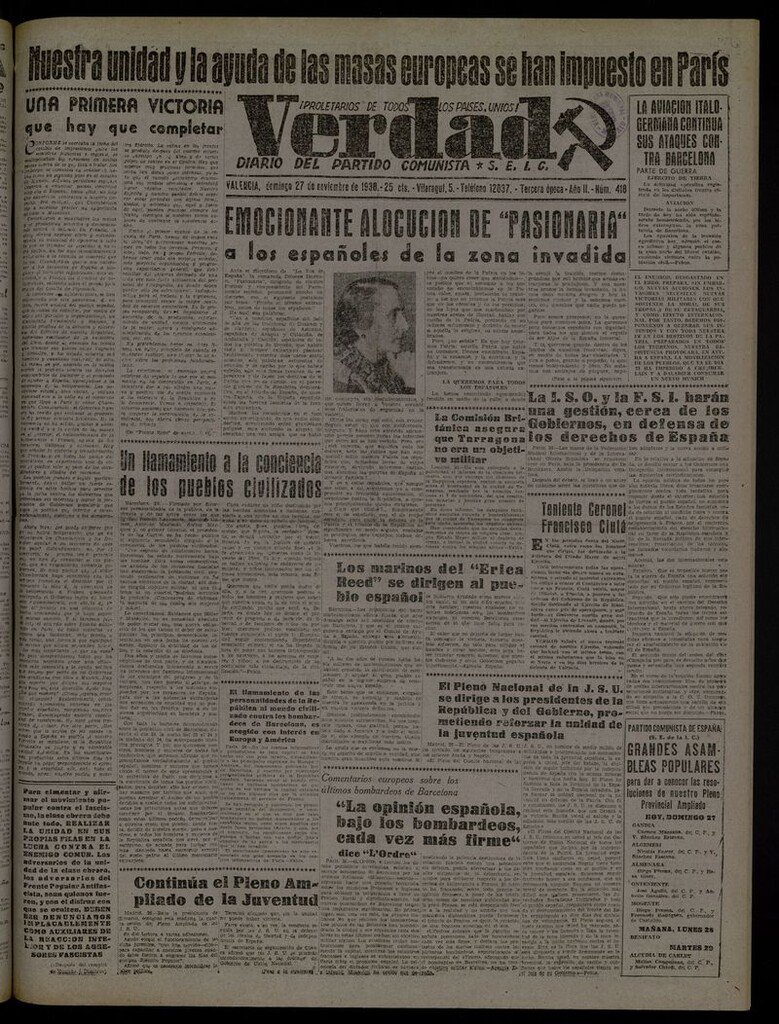 Miniatura de La Verdad: órgano del Partido Comunista del 27 de noviembre de 1938