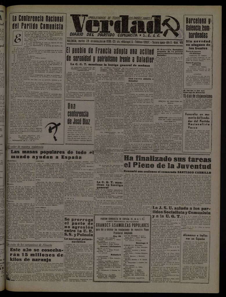 Miniatura de La Verdad: órgano del Partido Comunista del 29 de noviembre de 1938