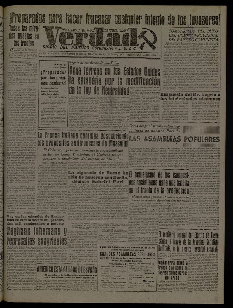 Miniatura de La Verdad: órgano del Partido Comunista del 4 de diciembre de 1938
