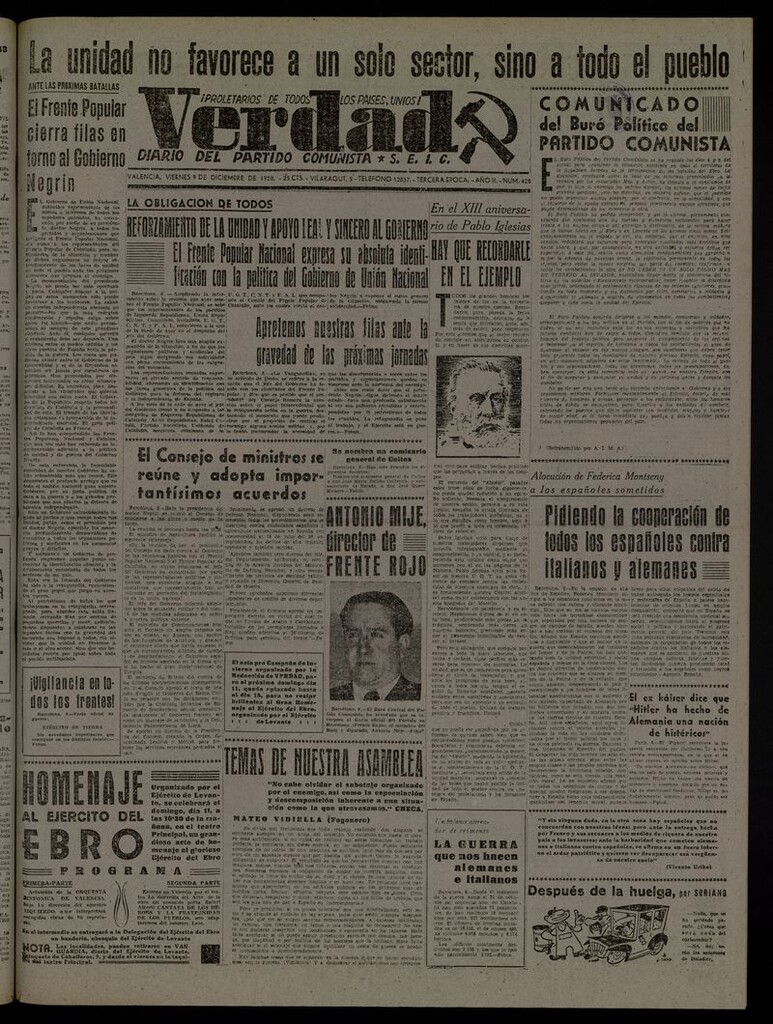 Miniatura de La Verdad: órgano del Partido Comunista del 9 de diciembre de 1938