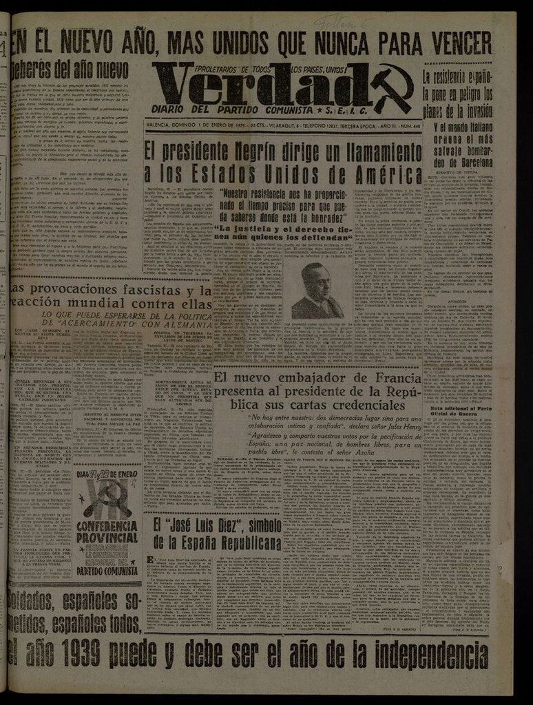 Miniatura de La Verdad: órgano del Partido Comunista del 1 de enero de 1939