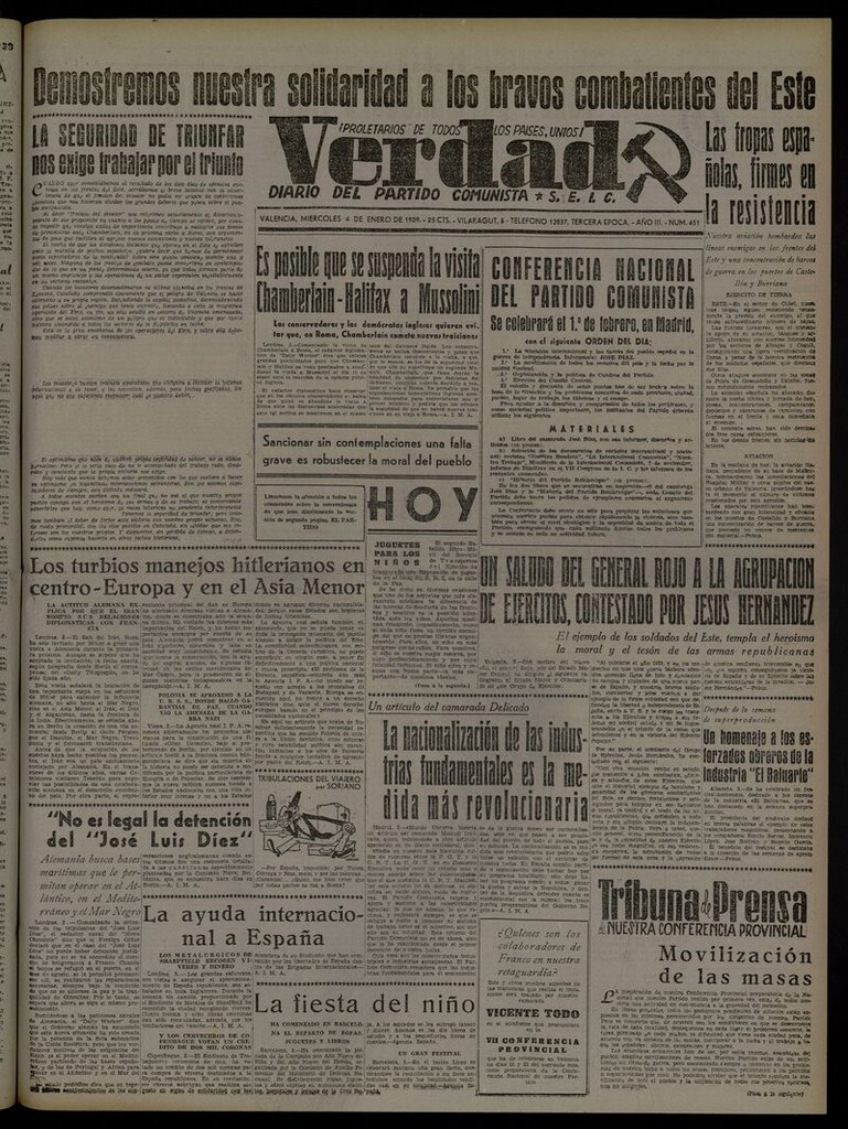 Miniatura de La Verdad: órgano del Partido Comunista del 4 de enero de 1939