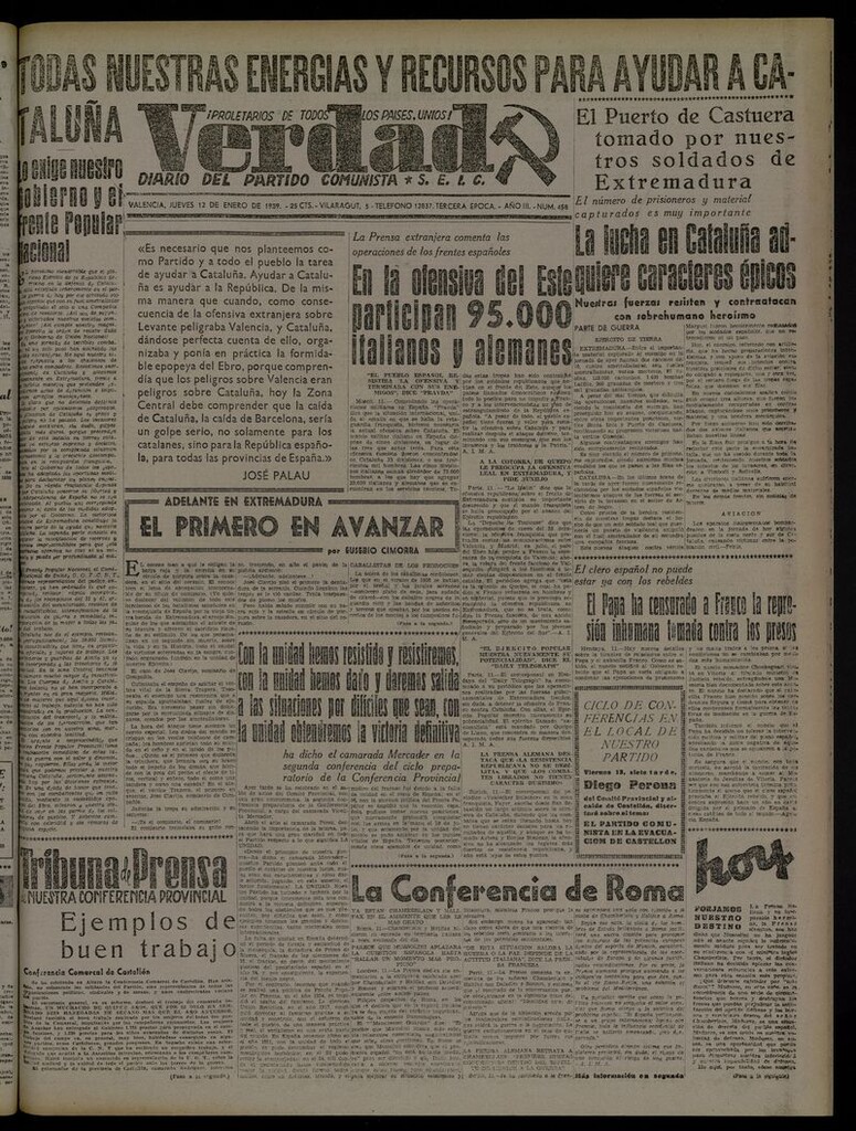 Miniatura de La Verdad: órgano del Partido Comunista del 12 de enero de 1939