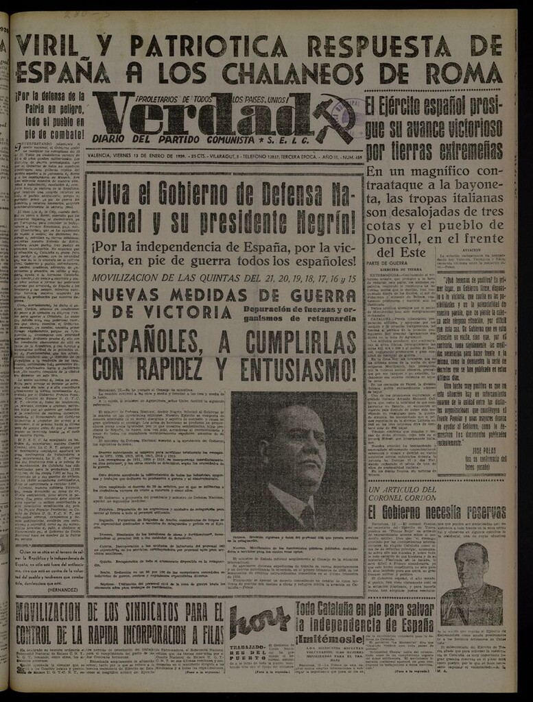 Miniatura de La Verdad: órgano del Partido Comunista del 13 de enero de 1939