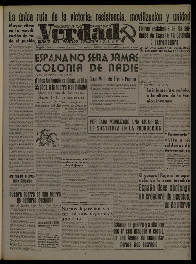 Miniatura de La Verdad: órgano del Partido Comunista del 20 de enero de 1939