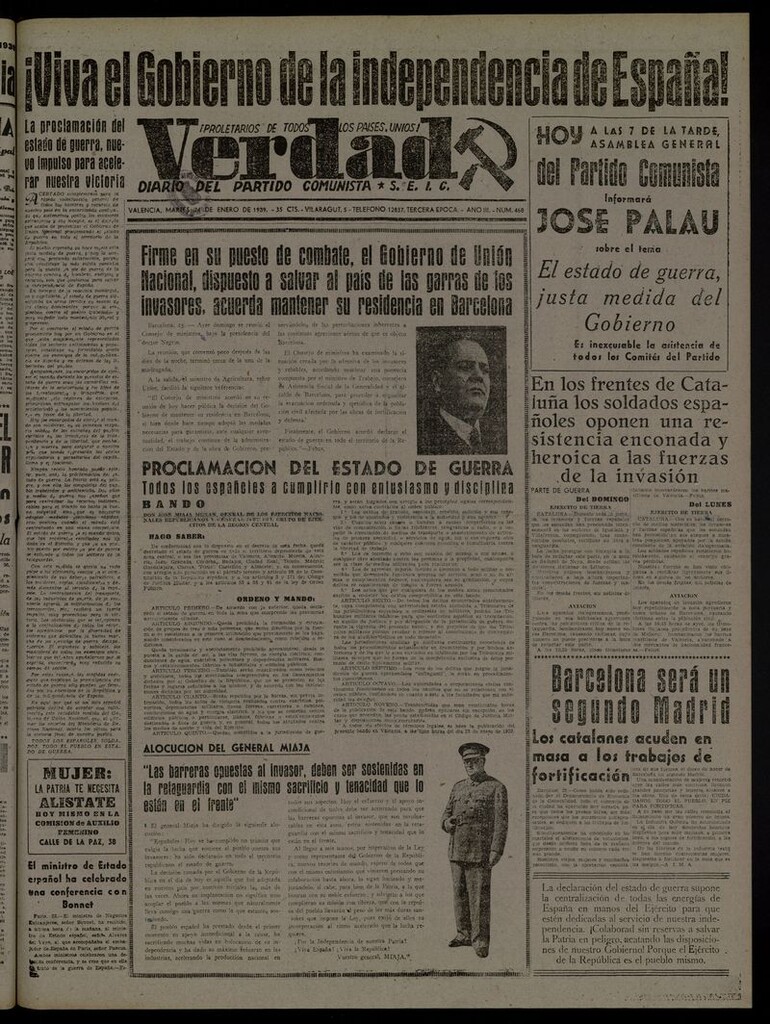 Miniatura de La Verdad: órgano del Partido Comunista del 24 de enero de 1939