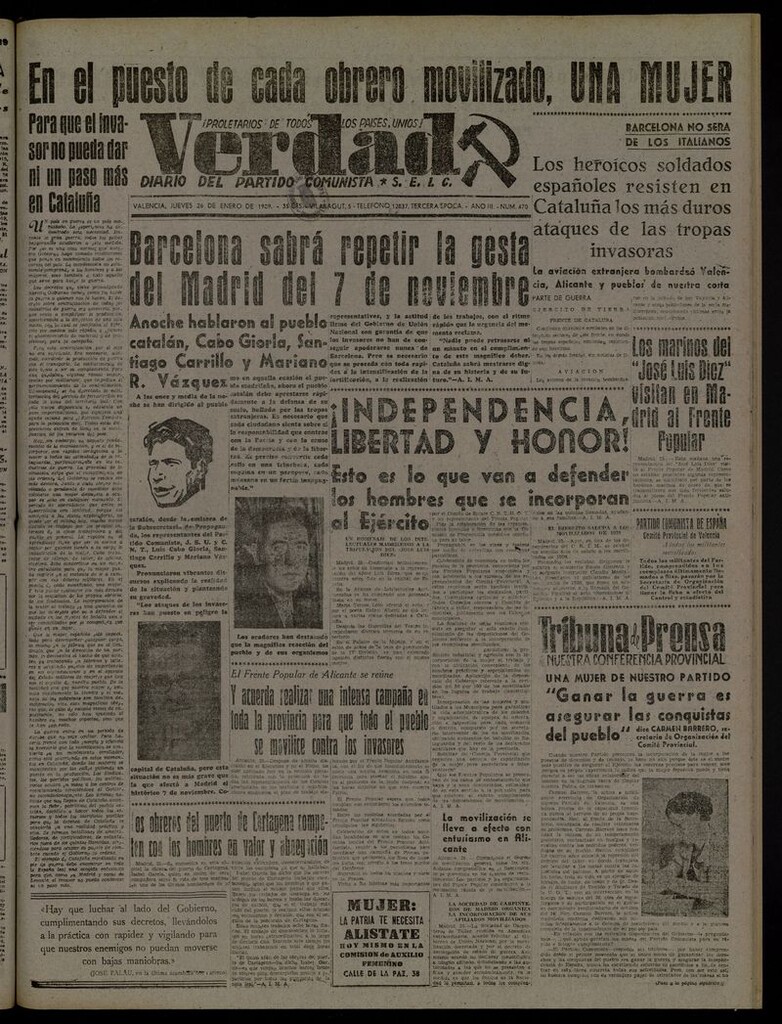 Miniatura de La Verdad: órgano del Partido Comunista del 26 de enero de 1939